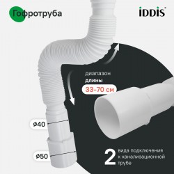 Сифон бутылочный Iddis 1.1/2x40мм, с выпуском и гофротрубой 40/50мм